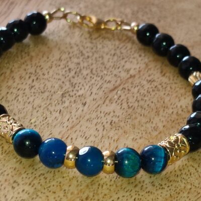 Bracelet œil de tigre bleu et onyx noir – Protection et intuition – Breloque œil