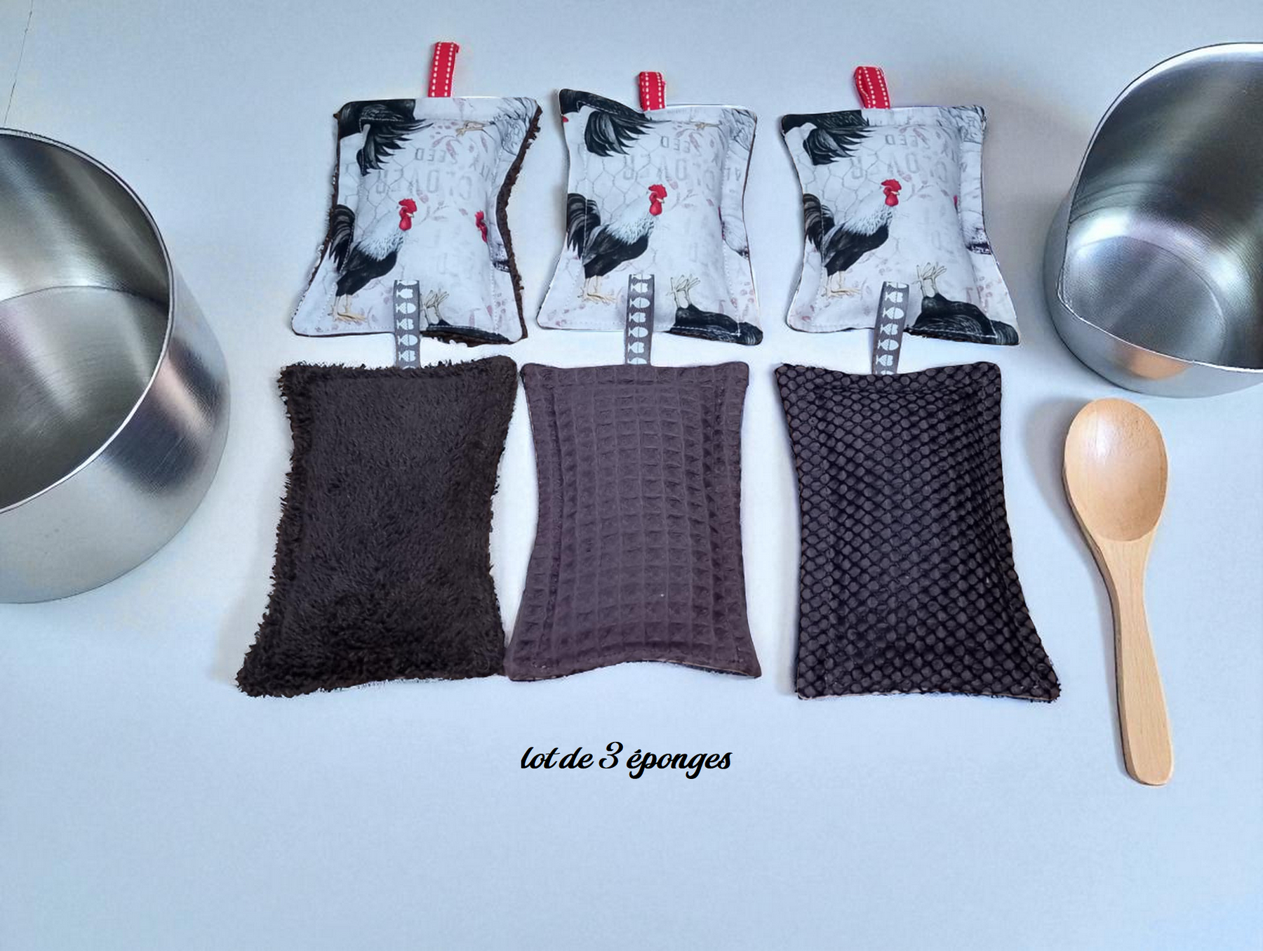 lot de 3 éponges lavables et grattantes coton doublé éponge et nid d'abeille et filet mesh modèle au choix – Image 2