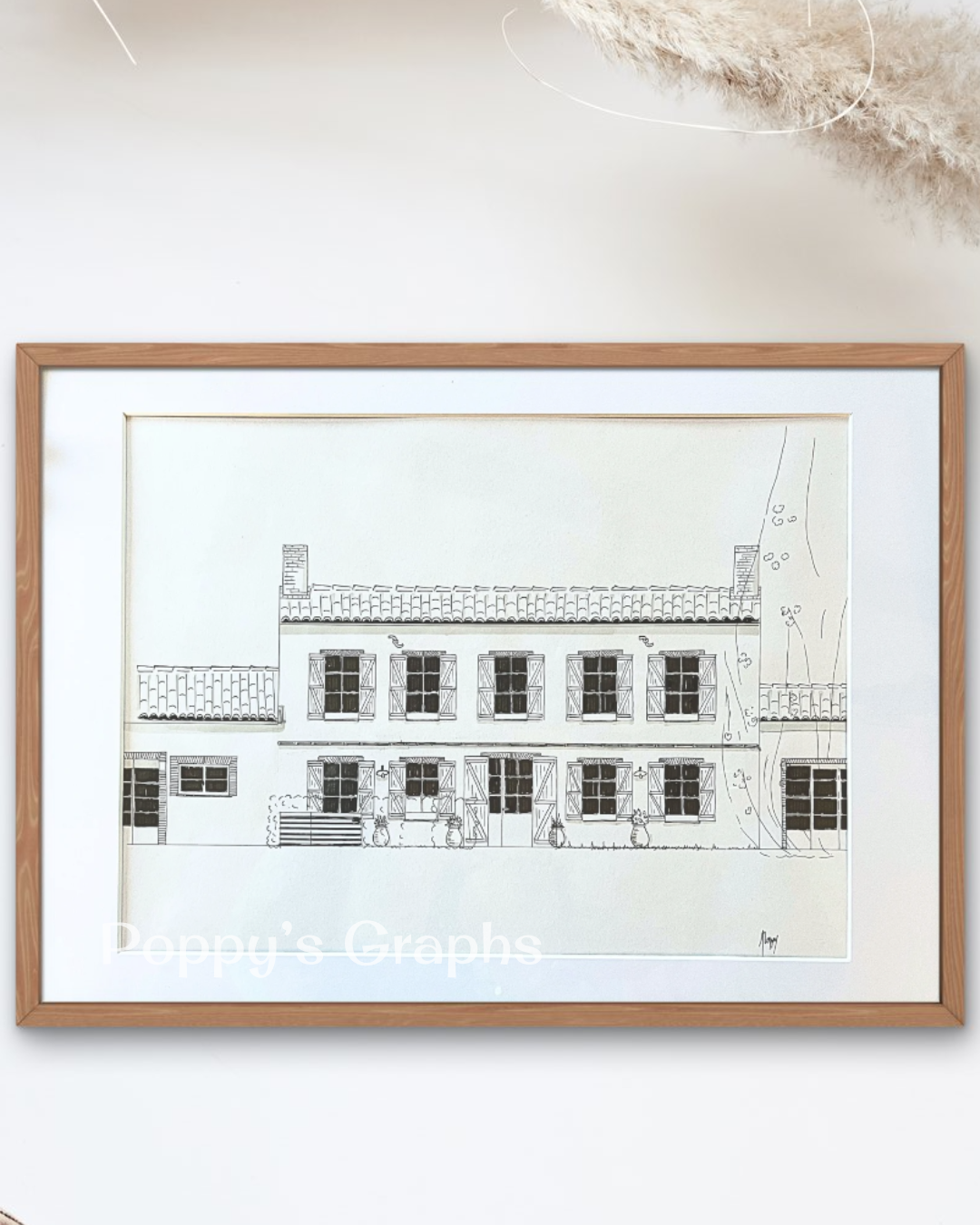 dessin/gravure à la main de la façade d'une métairie