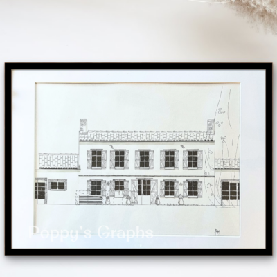 dessin/gravure à la main de la façade d'une métairie