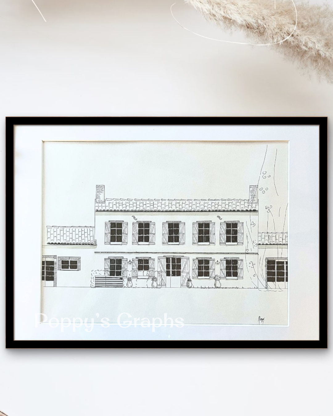 dessin/gravure à la main de la façade d'une métairie