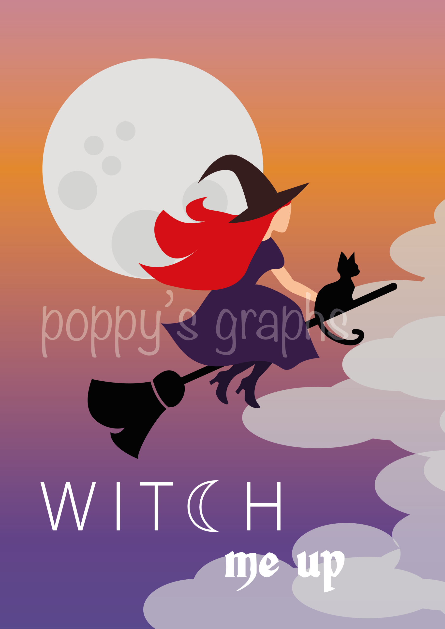 affiche d'une sorcière volant sur un balais devant la lune