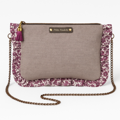 Sac bandoulière en velours taupe et fronces fleuries- Création artisanale française
