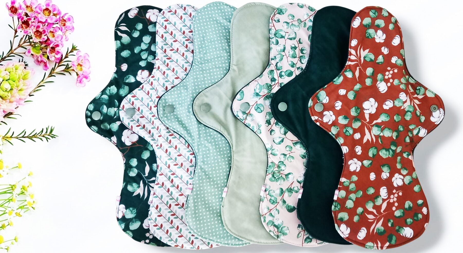 Pack 7 serviettes hygiéniques lavables EUCALYPTUS (xl / nuit et flux abondants) - serviettes menstruelles lavables - Zéro déchet - shl - serviettes périodiques