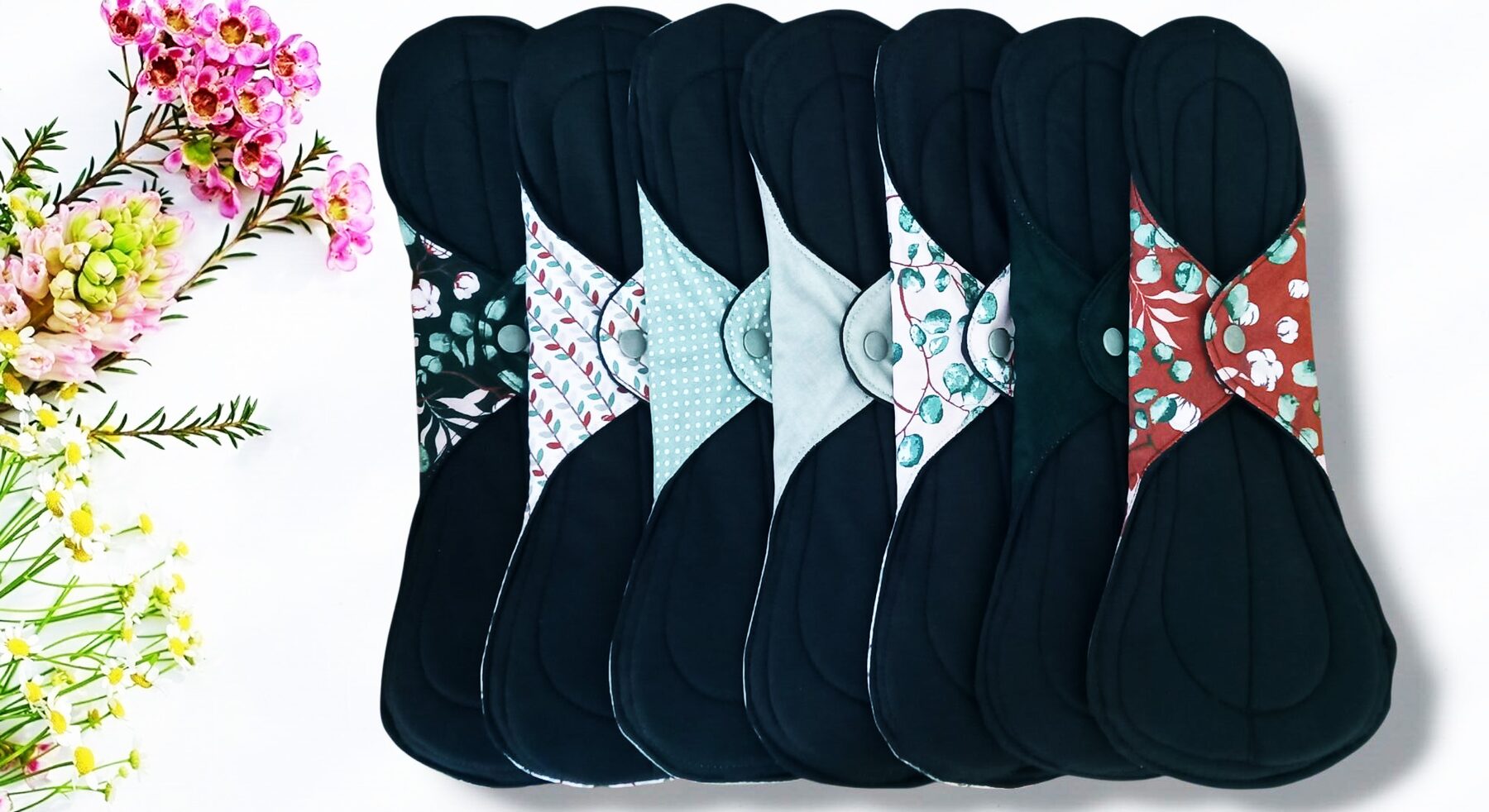 Pack 7 serviettes hygiéniques lavables EUCALYPTUS (xl / nuit et flux abondants) - serviettes menstruelles lavables - Zéro déchet - shl - serviettes périodiques