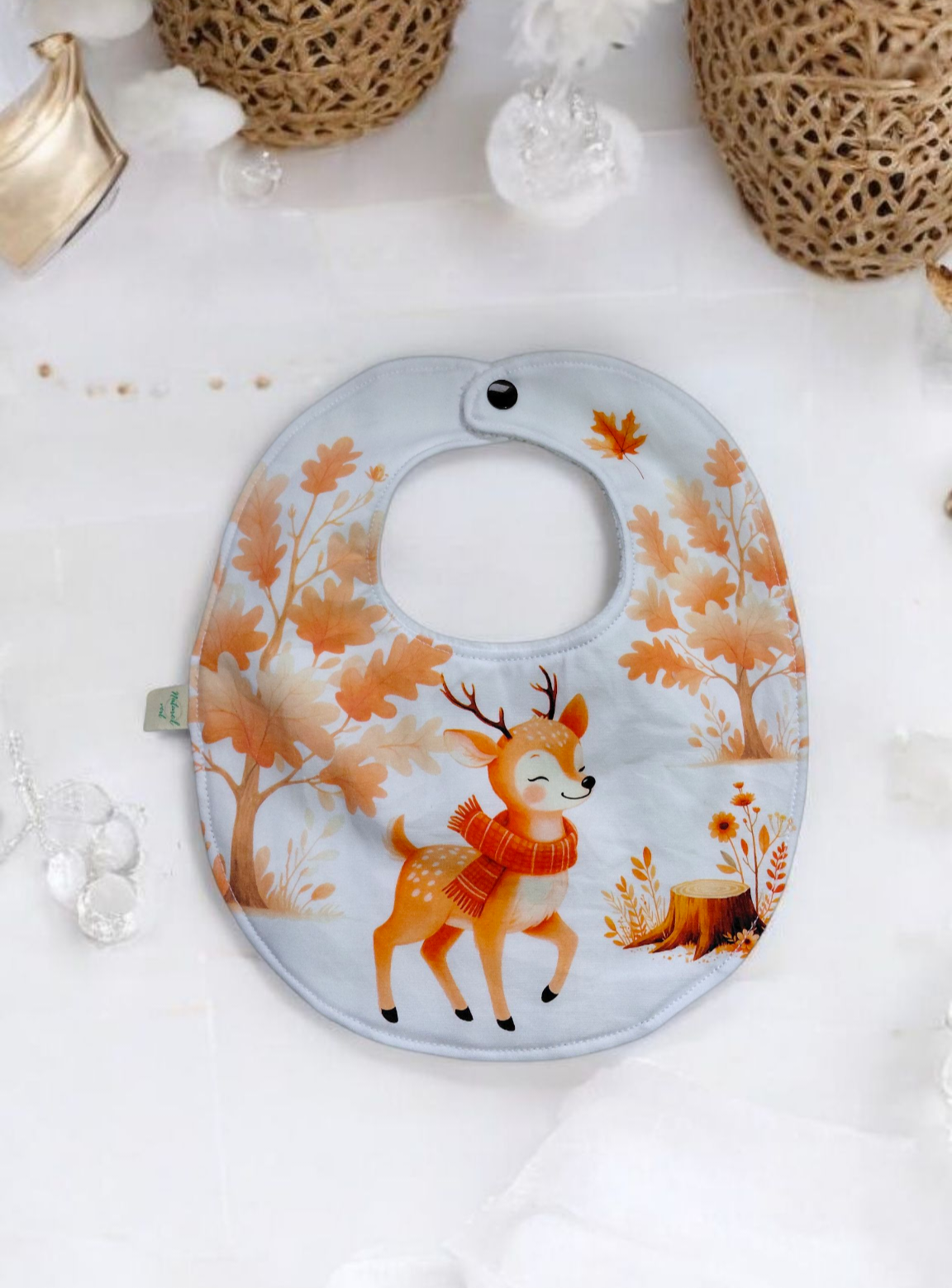 Bavoir rond bébé motif faon en coton premium et éponge de bambou – Fait main