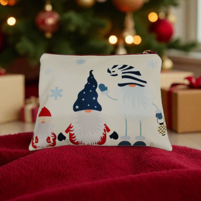 Pochette de Noël en simili cuir motif gnome – fait main, intérieur coton enduit
