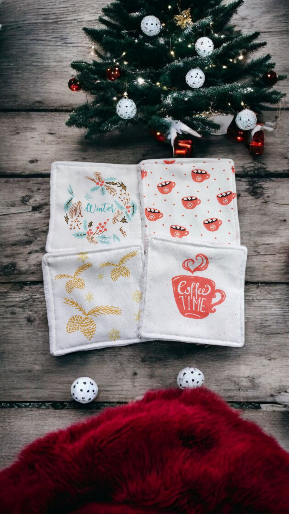 Lot de 4 lingettes démaquillantes lavables motif hiver – fait main en coton et éponge de bambou Oeko-Tex®
