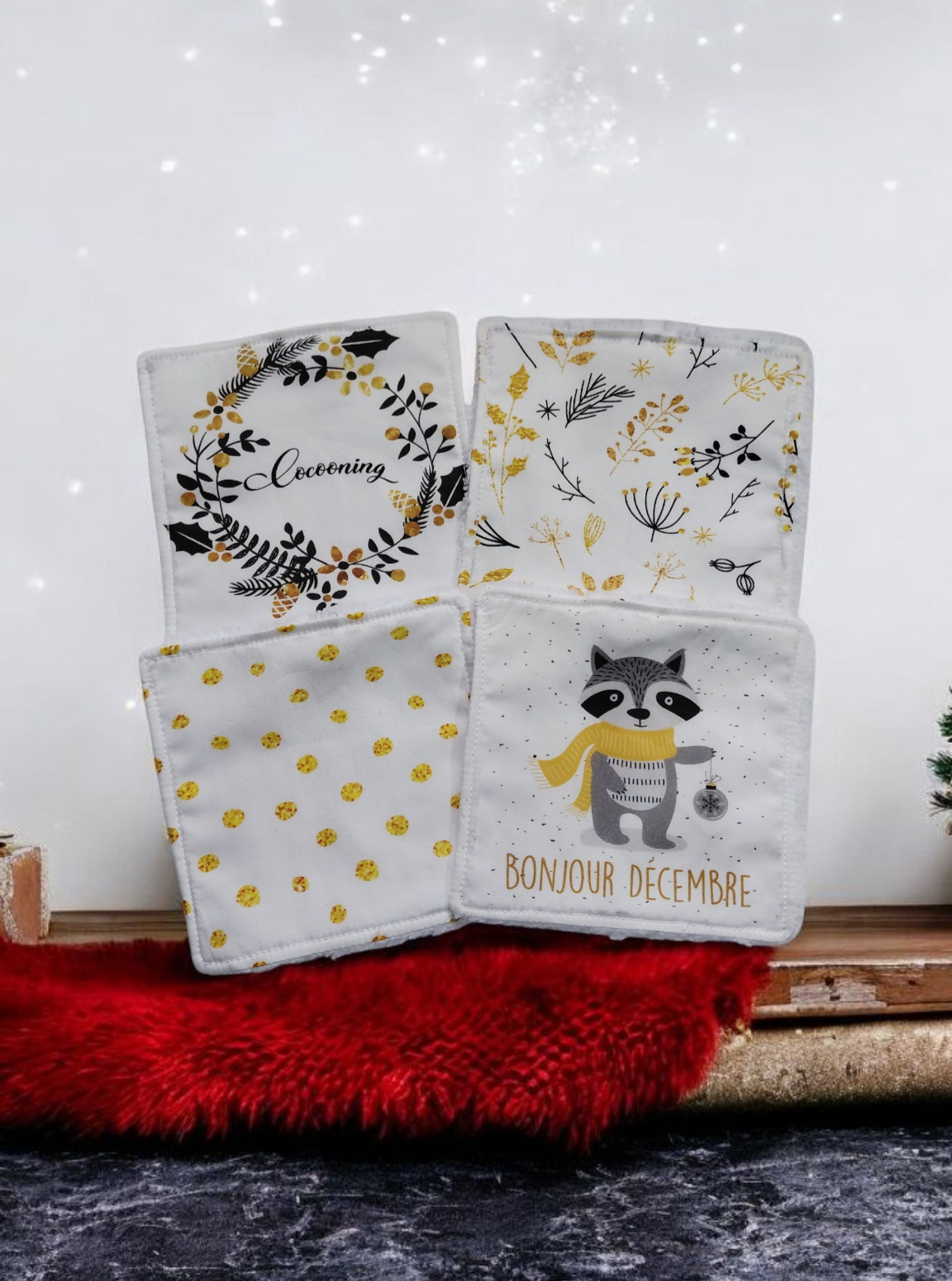 Lot de 4 lingettes lavables motif hiver – fait main en éponge de bambou et coton – idée cadeau de Noël