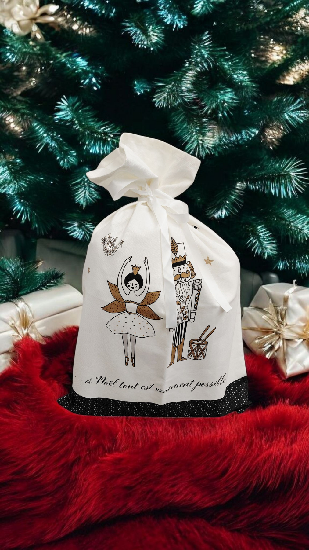 Hotte de Noël Écologique 'À Noël, tout est possible !' - Fait Main en Coton