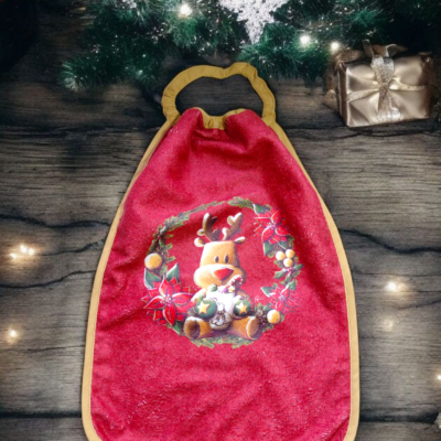 Bavoir maternelle Noël – Grande serviette de table enfant élastiquée – Fait main en éponge douce