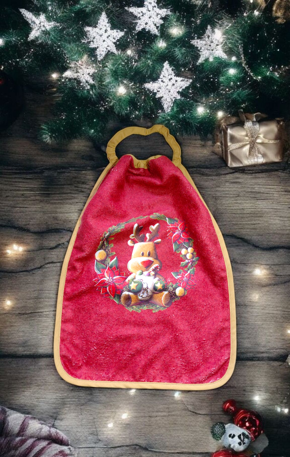 Bavoir maternelle Noël – Grande serviette de table enfant élastiquée – Fait main en éponge douce