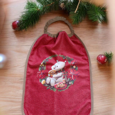 Bavoir Noël – Grande serviette de table enfant élastiquée – Fait main motif ours gourmand