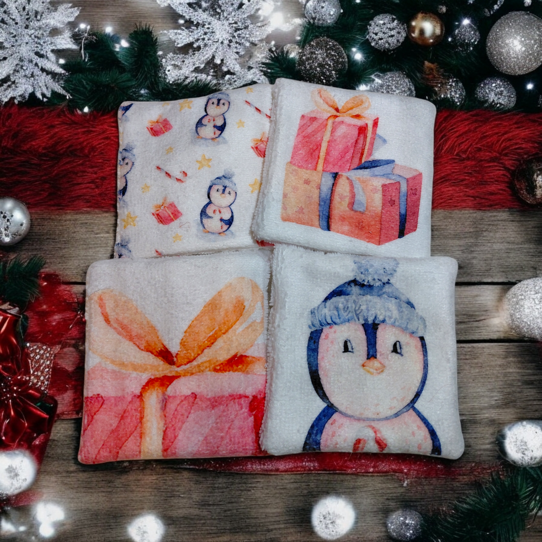 Lot de 4 lingettes lavables double face en éponge de bambou – motif de Noël – Oeko-Tex® et imprimé en France