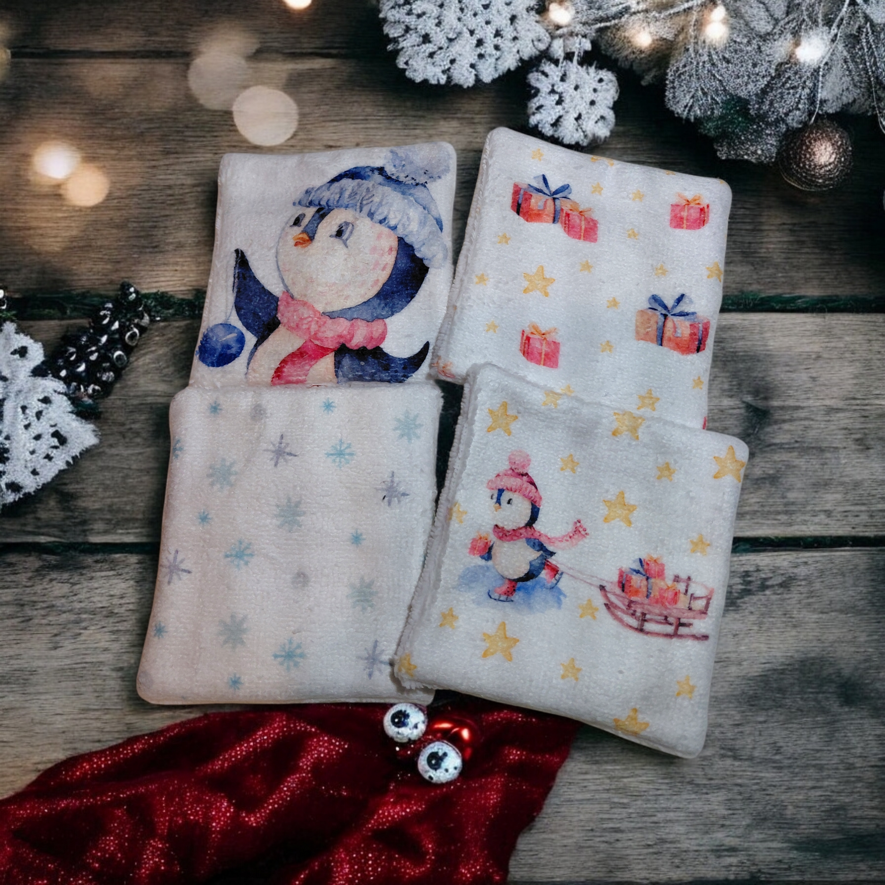 Lot de 4 lingettes lavables double face en éponge de bambou – motif de Noël – Oeko-Tex® et imprimé en France