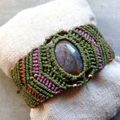 Bracelet manchette, micro macramé, vert, agate indienne