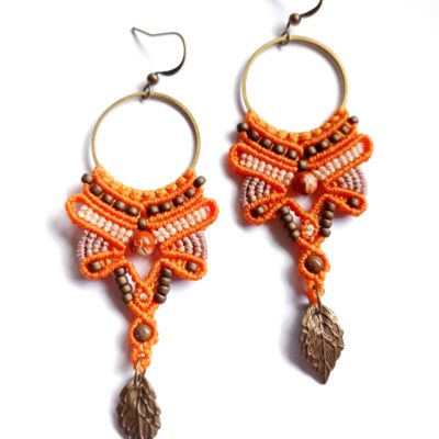 Boucles d'oreilles, micro macramé, orange, bronze