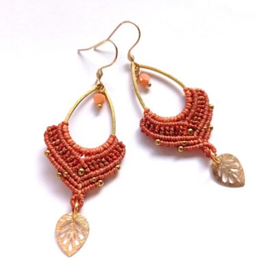 Boucles d'oreilles, micro macramé, pêche, acier inoxydable doré