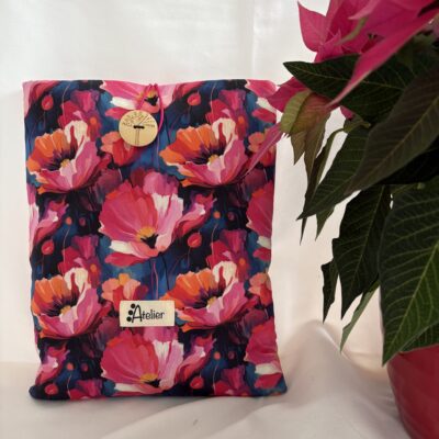 Pochette protèges tablette/liseuse et livres. Molletonnée en coton gros coquelicot