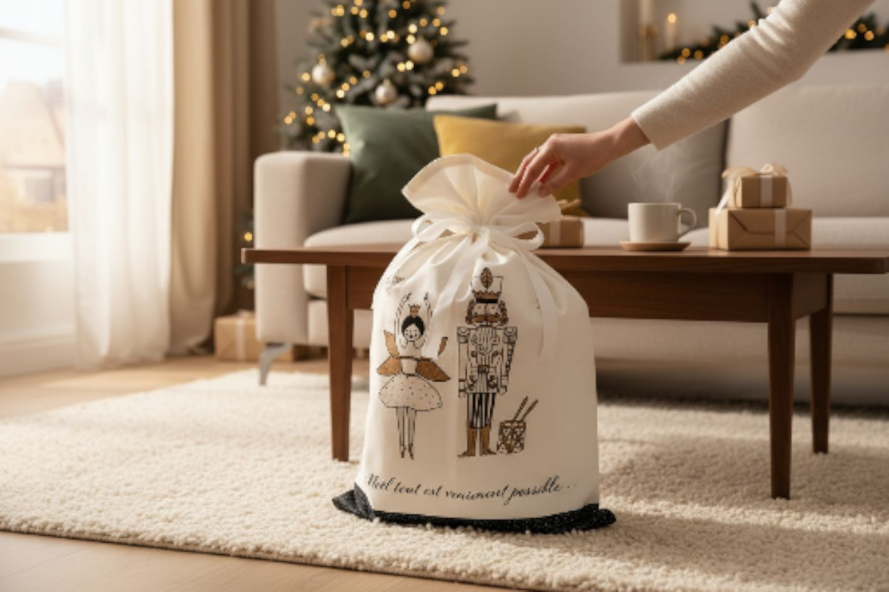 Hotte de Noël Écologique 'À Noël, tout est possible !' - Fait Main en Coton – Image 3