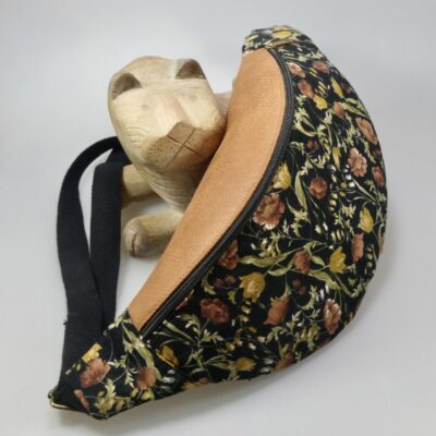 Sac banane tissu japonais velours noir et multicolore floral