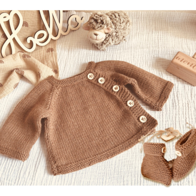 Esemble Brassiere et chaussons en laine mérinos-Coloris cannelle-0 à 6 mois