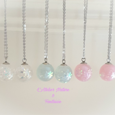 Collier Artisanal " Boule Flocons ( Transparent Blanc ) "-Made in France