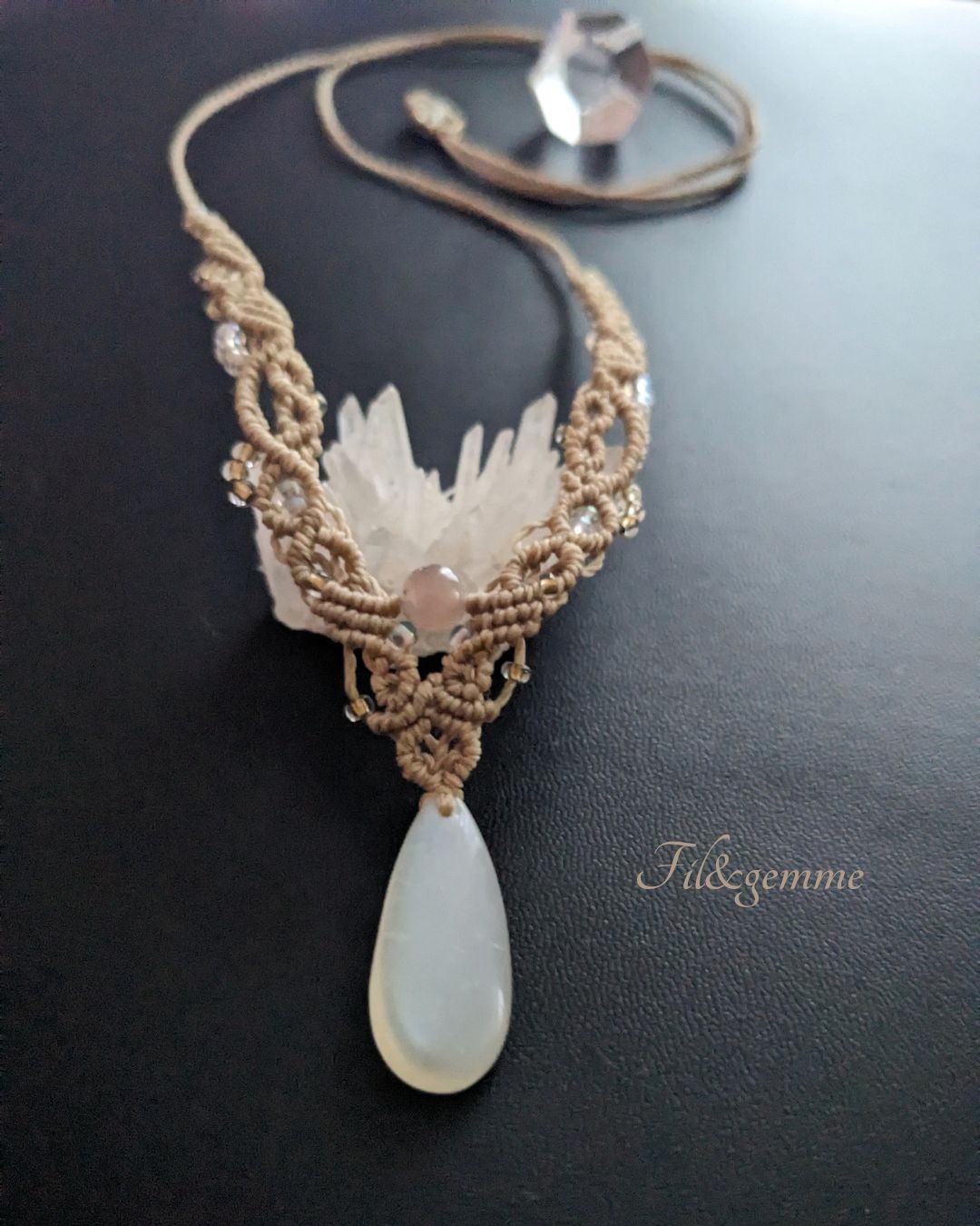 Collier Macramé En Pierre Fine Naturelle Pierre De Lune Blanche – Image 2