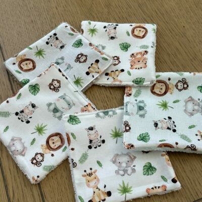 Lingettes lavables bébé motifs animaux savane éponge bambou, coton, polaire au choix - ATELIERSDISA