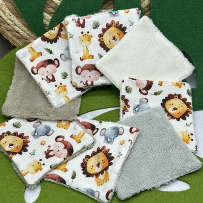 Lingettes lavables bébé motifs animaux savane éponge bambou, coton, polaire au choix - ATELIERSDISA