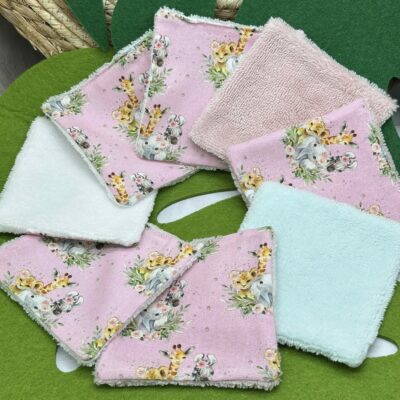 Lingettes lavables bébé animaux savane éponge bambou, coton, polaire au choix - ATELIERSDISA