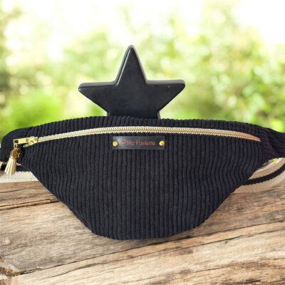 Sac banane en velours côtelé noir et anse en coton pailletée