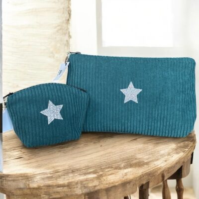 Duo trousse en velours côtelé bleu canard et son porte monnaie assorti- Création artisanale française (Copie)