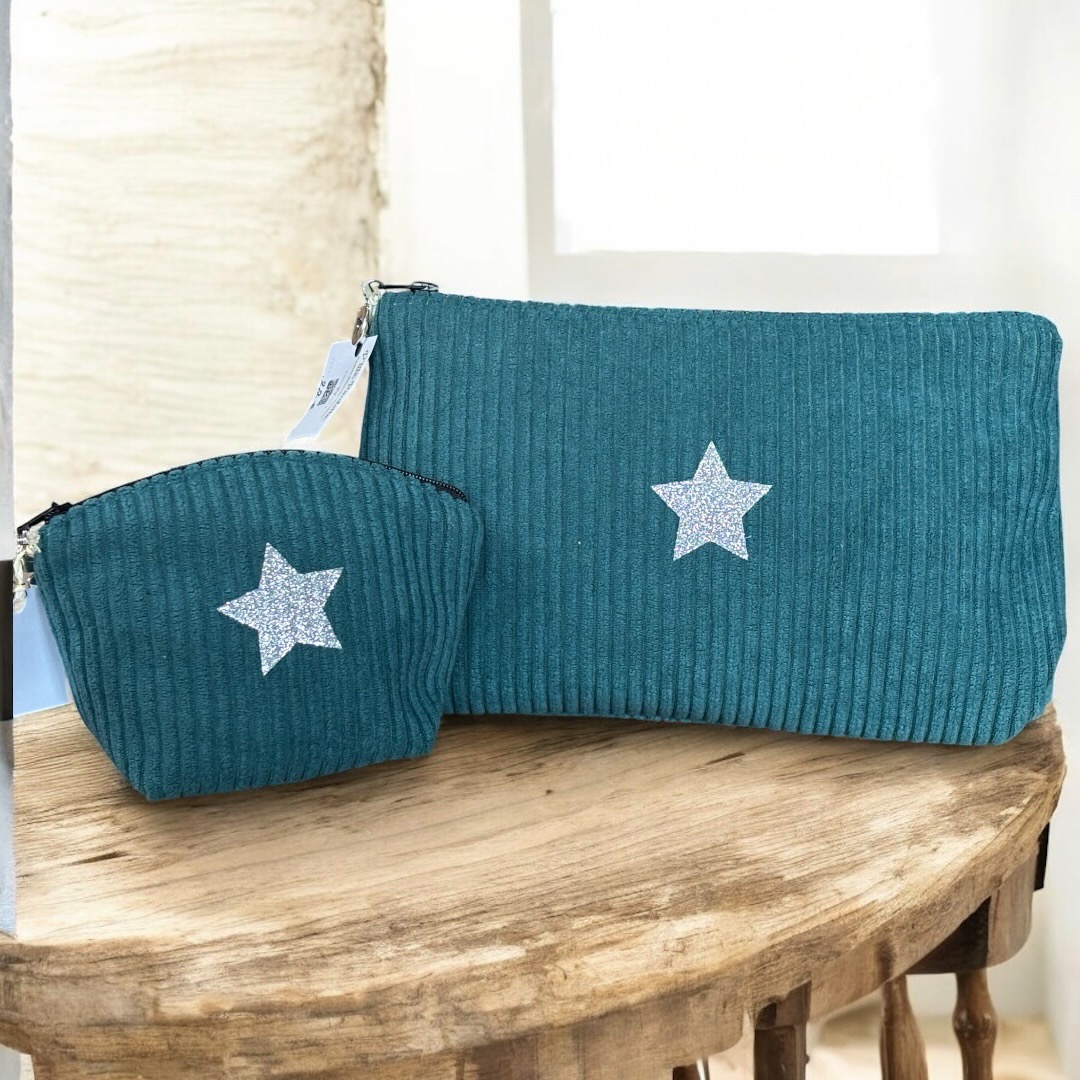 Duo trousse en velours côtelé bleu canard et son porte monnaie assorti- Création artisanale française (Copie)