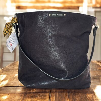 🖤 Sac Cabas “Mademoiselle Poulette” en Simili Cuir Noir Brillant – Création Artisanale Française