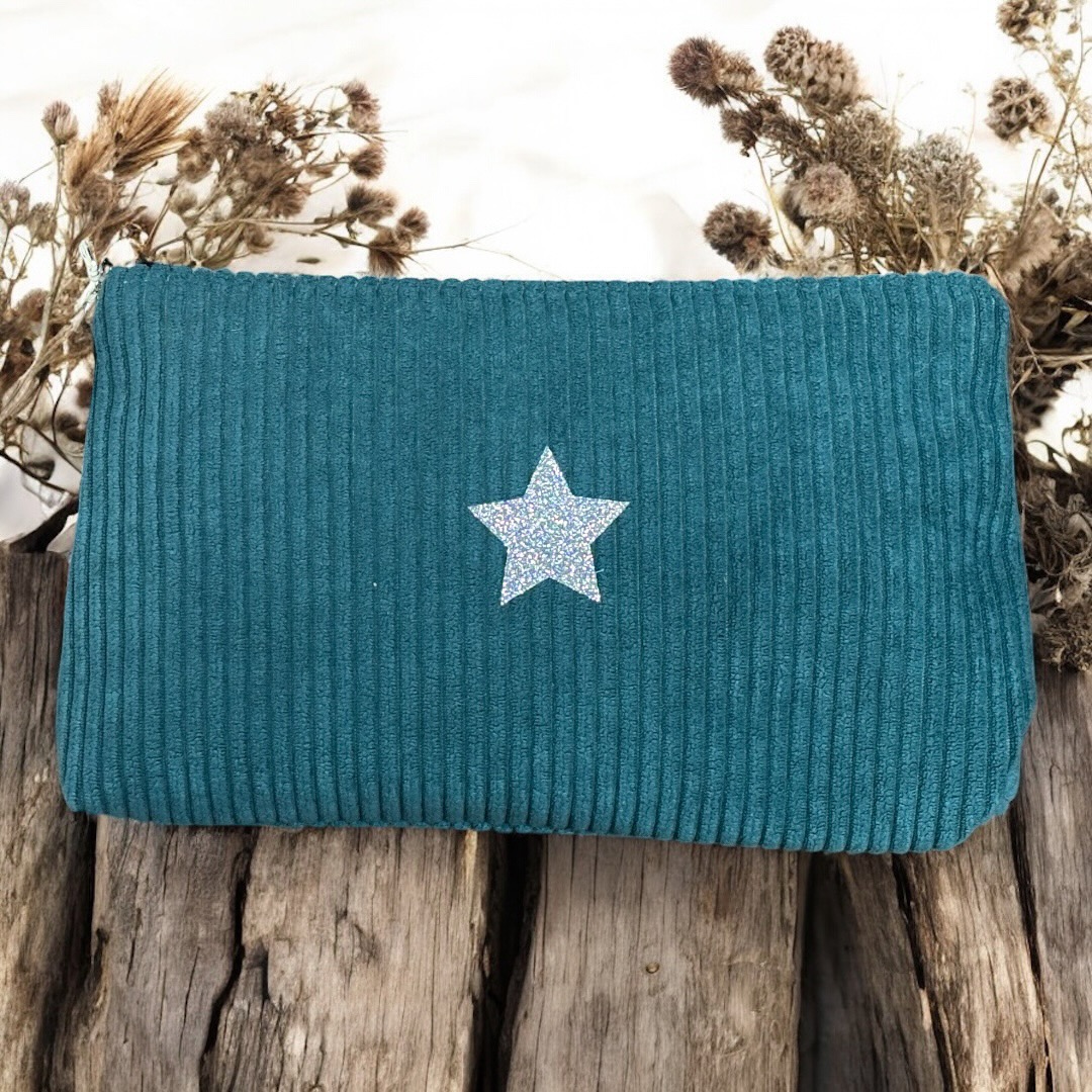 Duo trousse en velours côtelé bleu canard et son porte monnaie assorti- Création artisanale française (Copie) – Image 5