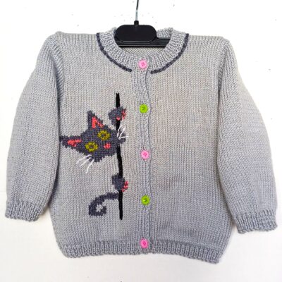 Gilet bébé tricot, fait main, avec un chat, taille 1 an