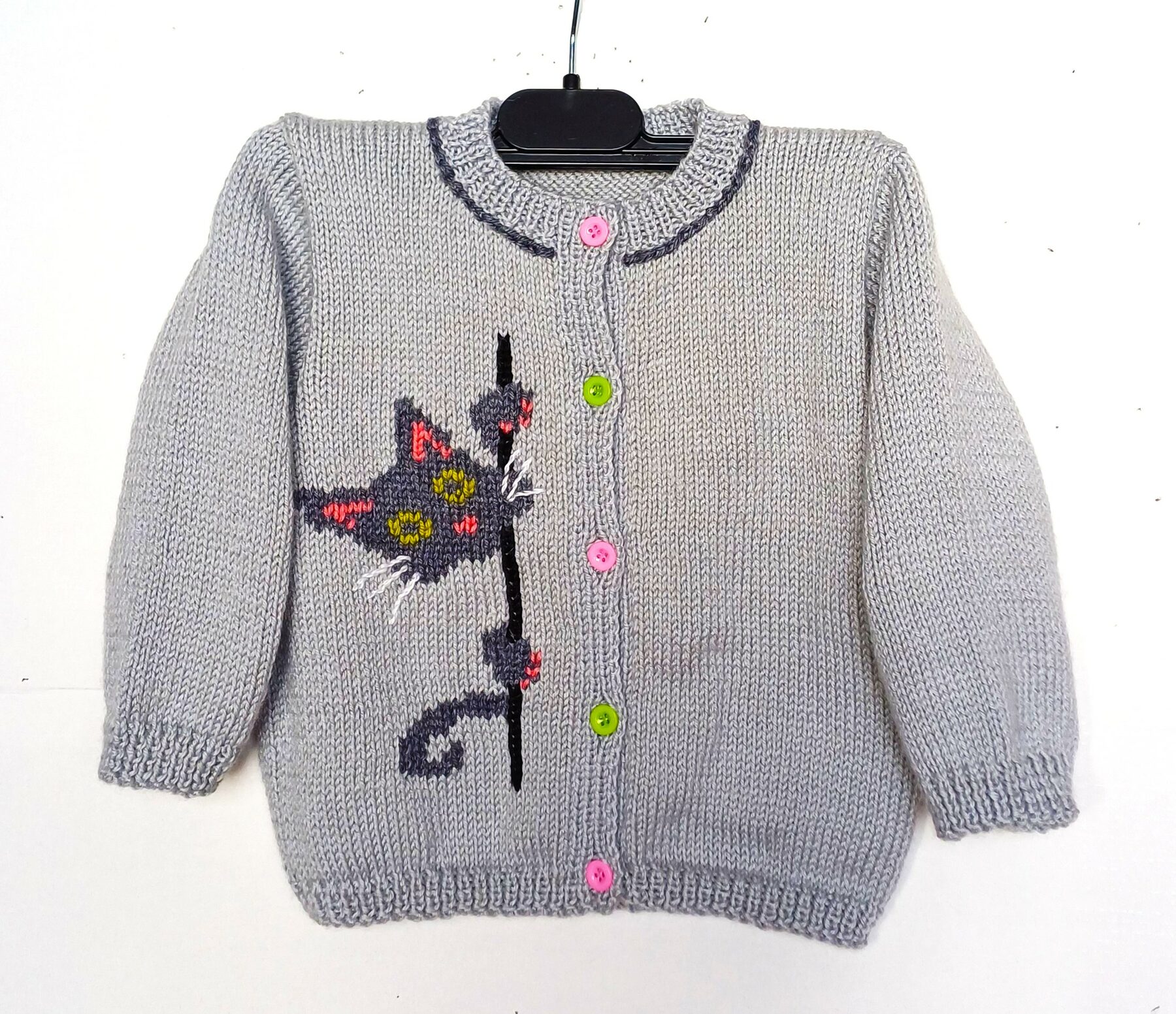 Gilet bébé tricot, fait main, avec un chat, taille 1 an