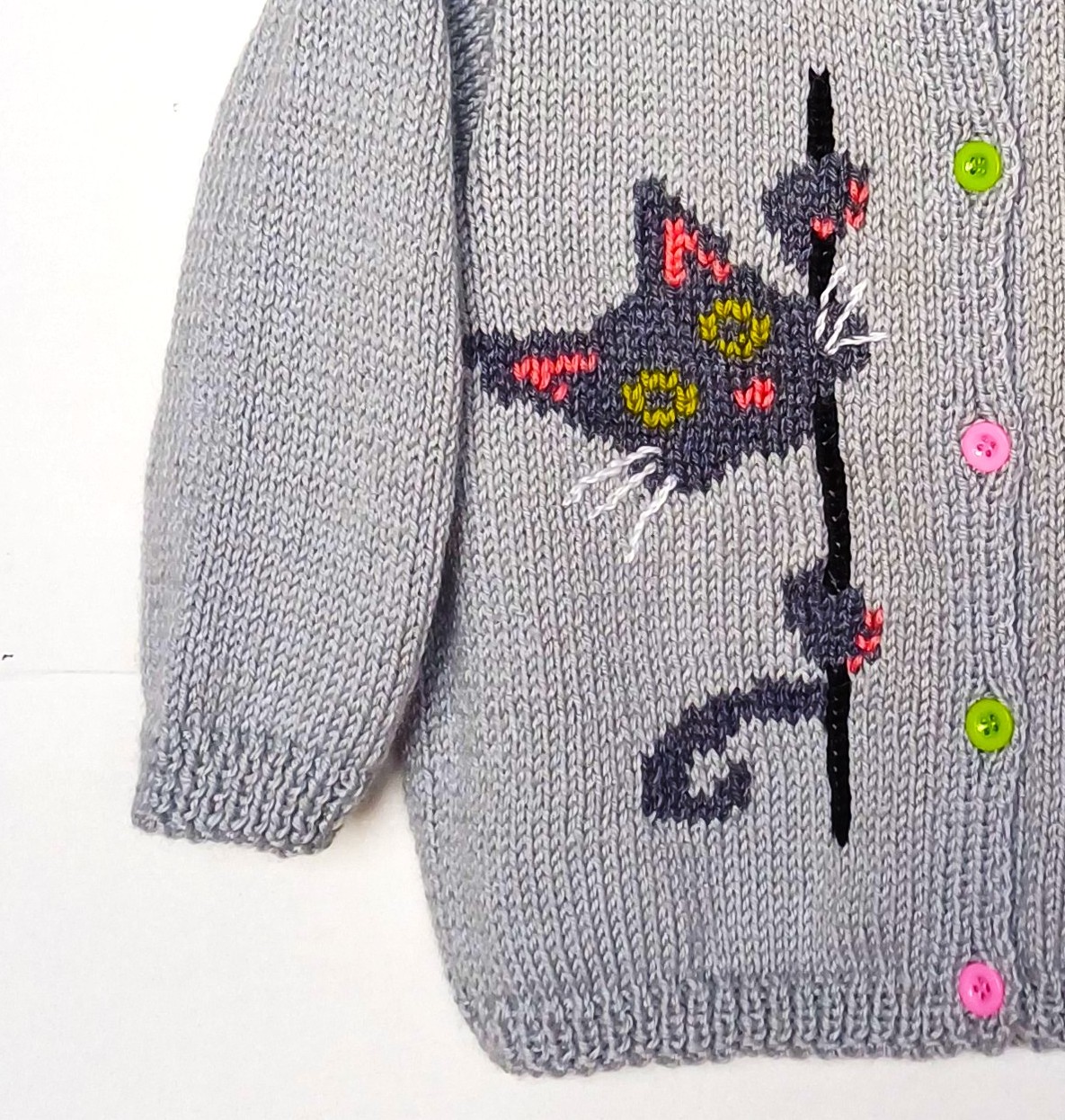 Gilet bébé tricot, fait main, avec un chat, taille 1 an – Image 2