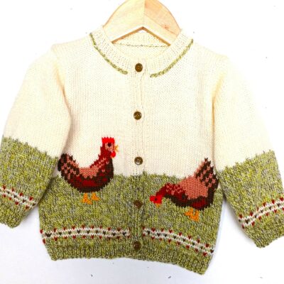 Gilet tricot pour bébé, fait main, en laine, avec des poules, taille 1 an