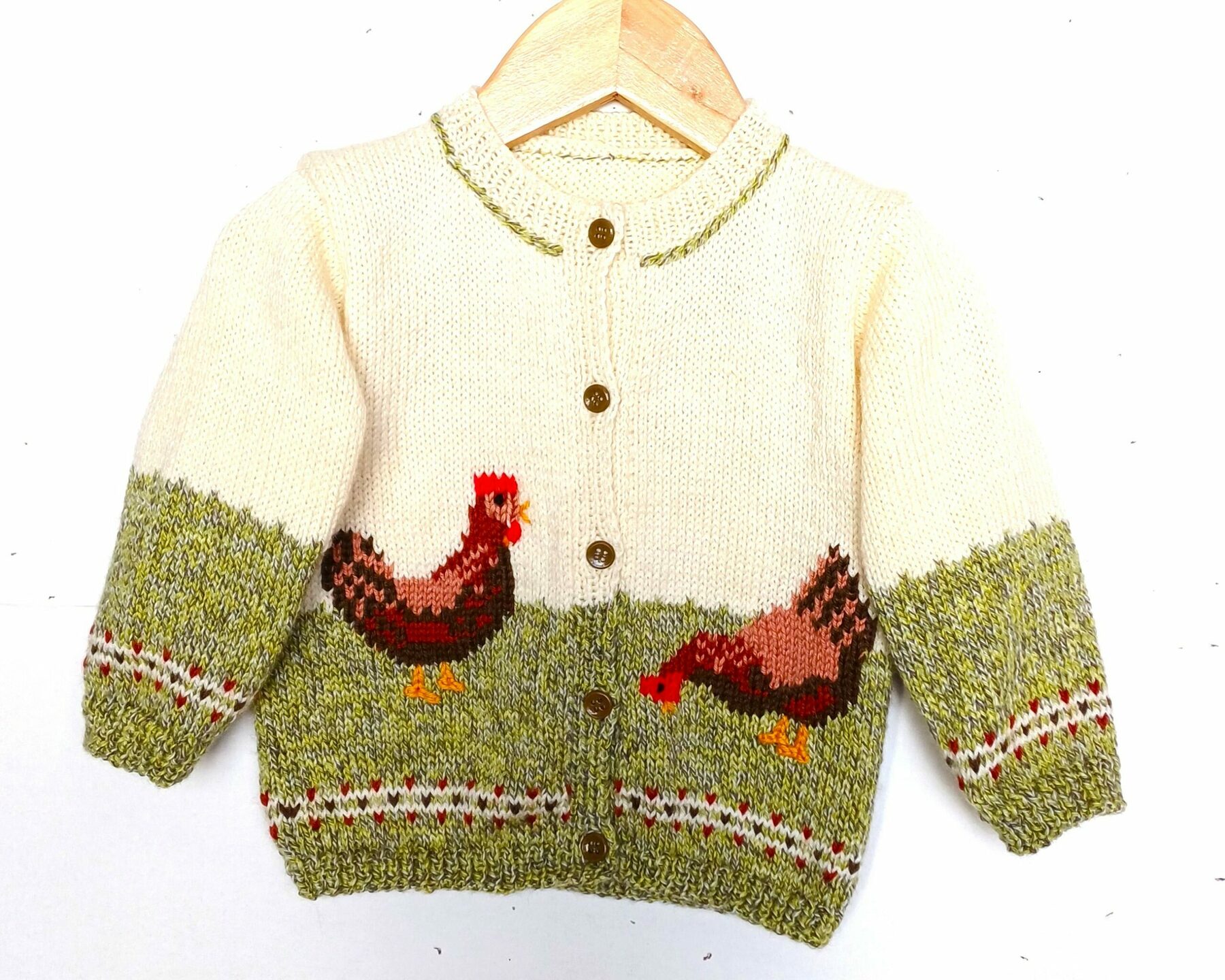 Gilet tricot pour bébé, fait main, en laine, avec des poules, taille 1 an