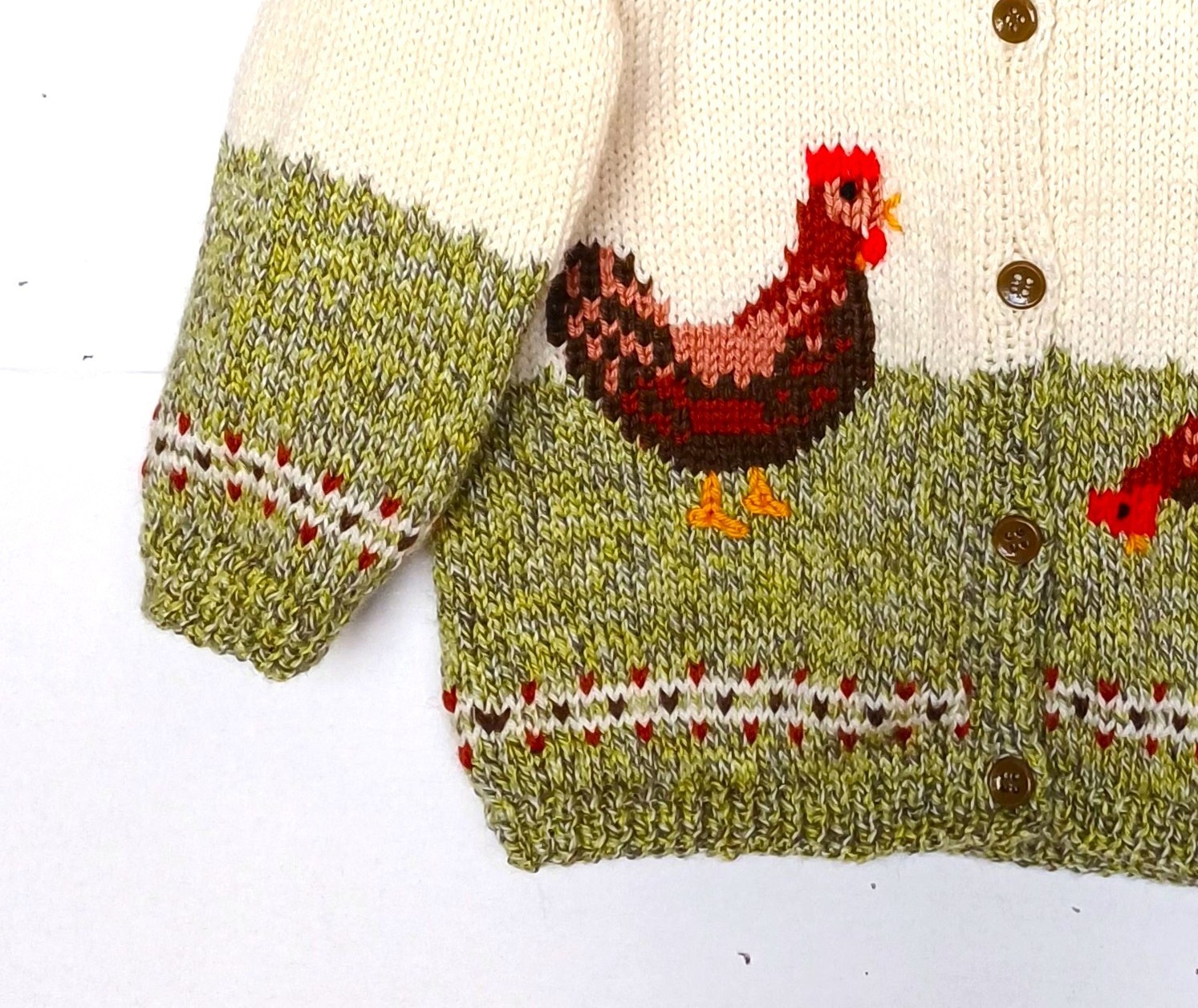 Gilet tricot pour bébé, fait main, en laine, avec des poules, taille 1 an – Image 2