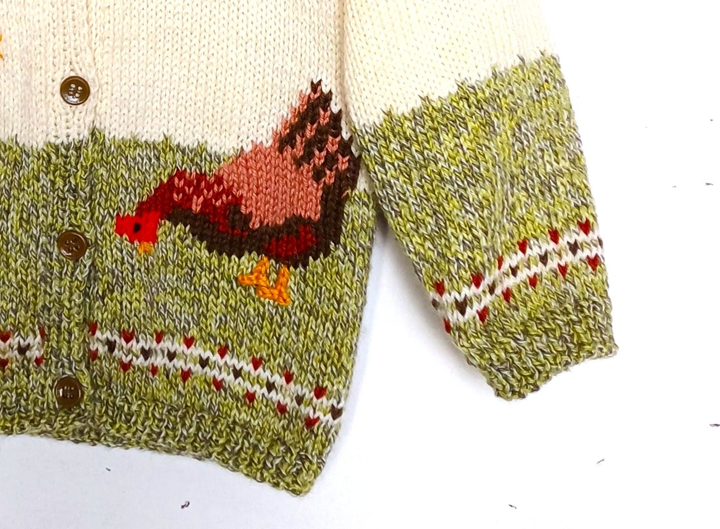 Gilet tricot pour bébé, fait main, en laine, avec des poules, taille 1 an – Image 3