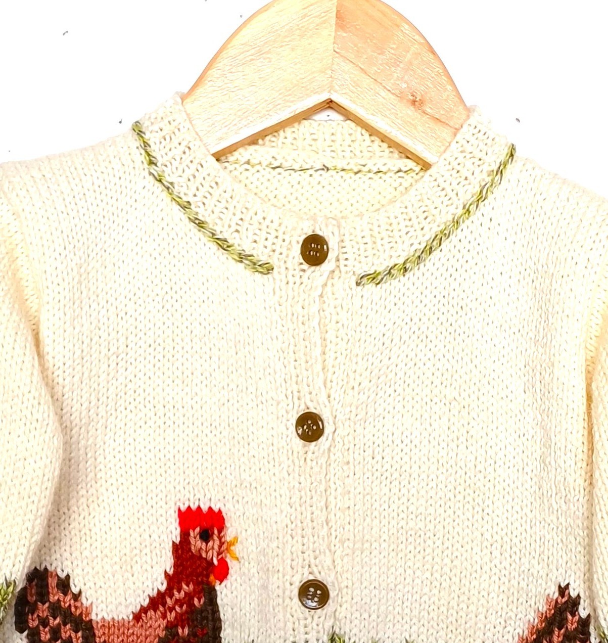 Gilet tricot pour bébé, fait main, en laine, avec des poules, taille 1 an – Image 4