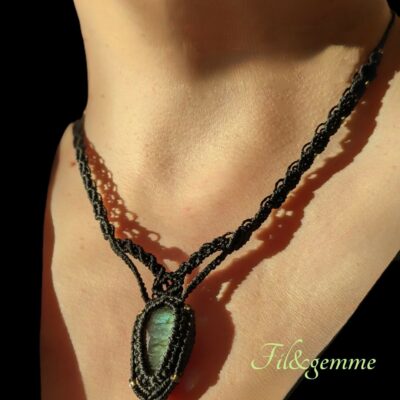 Collier Macramé En Pierre Fine Naturelle Labradorite Doré / Bijou Artisanal ,Lithothérapie