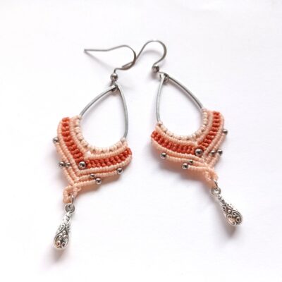 Boucles d'oreilles, micro macramé, saumon, acier inoxydable