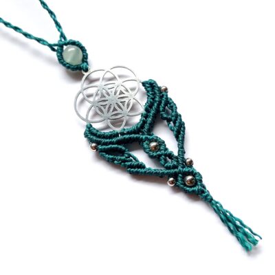 Collier fleur de lotus, micro macramé, vert canard