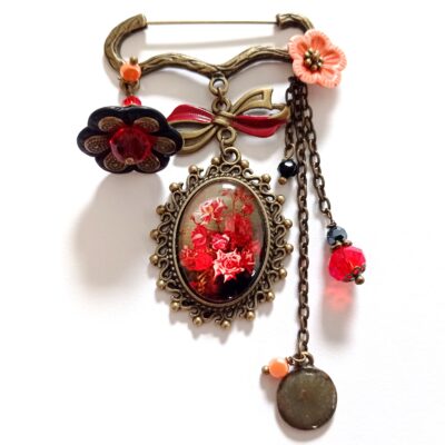 Broche épingle, fleurs, rouge noir et pêche