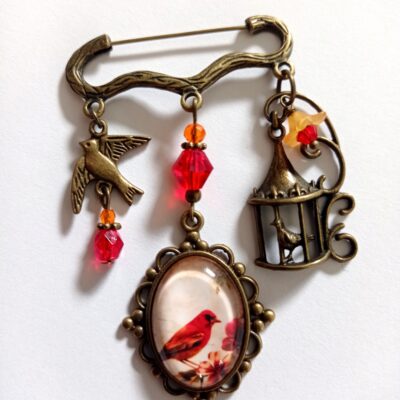 Broche épingle, oiseau, rouge et orange