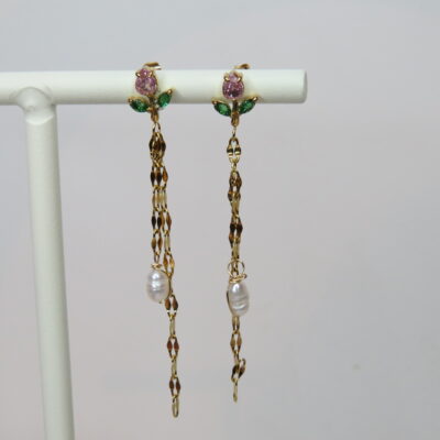 Boucles d’oreilles rose en zirconium rose et vert, perle d’eau douce et acier inoxydable